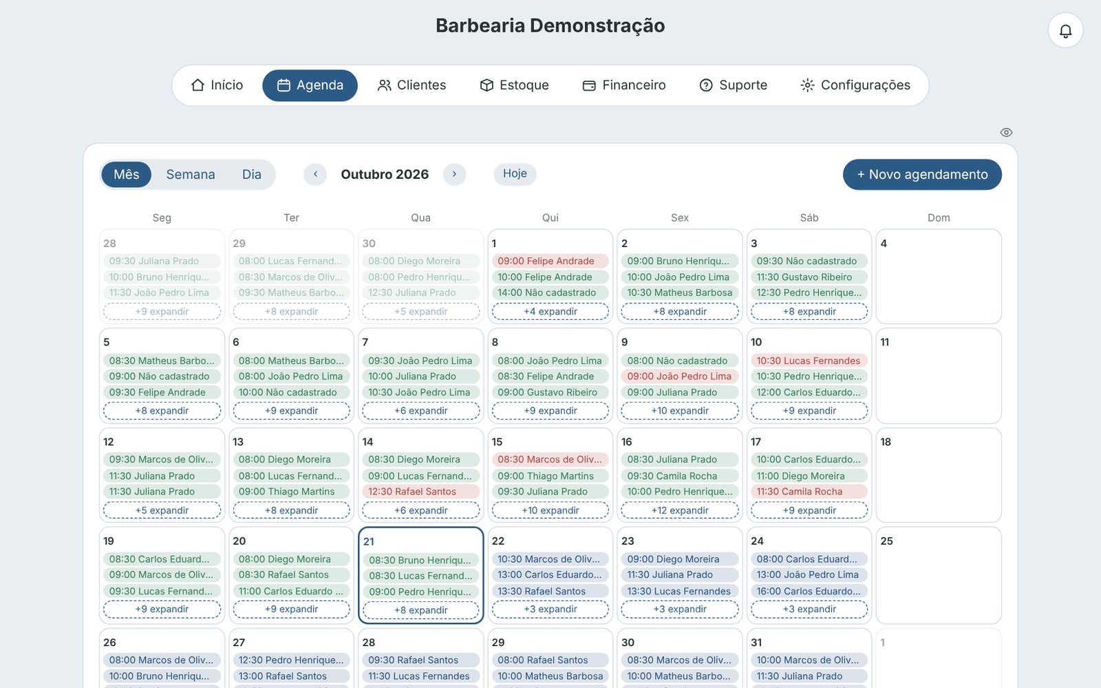 Tela da agenda do mês com os horários marcados por cliente